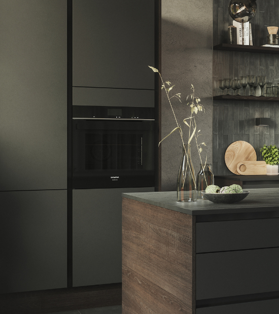 Et sort køkken fra Designas Silk kolleksjon med en sort Siemens ovn