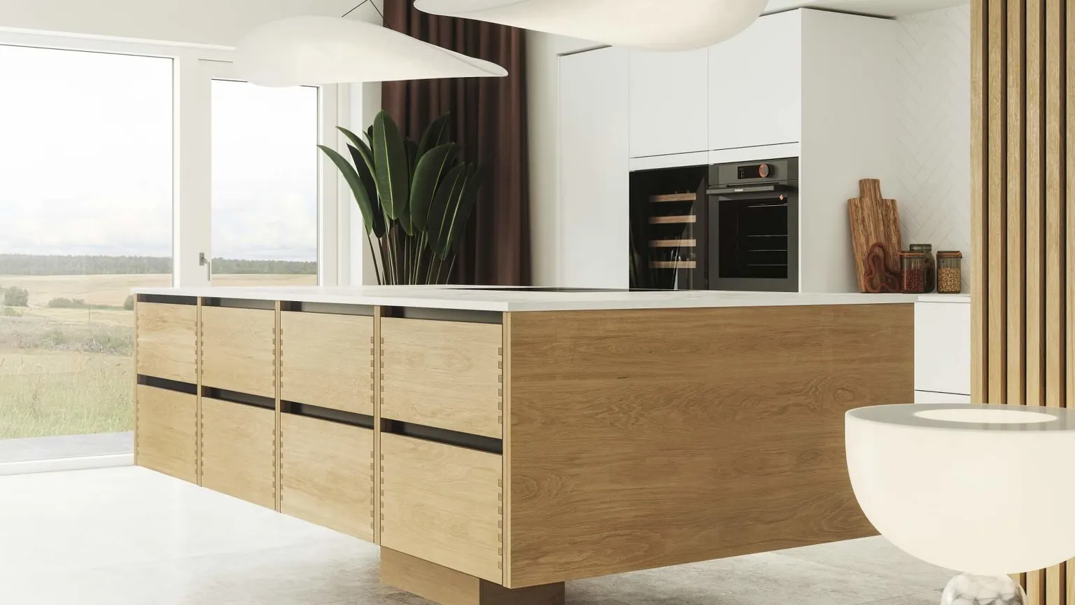 Silk by Designa kjøkken i hvit kombinert med Nature by Designa fingerfrest