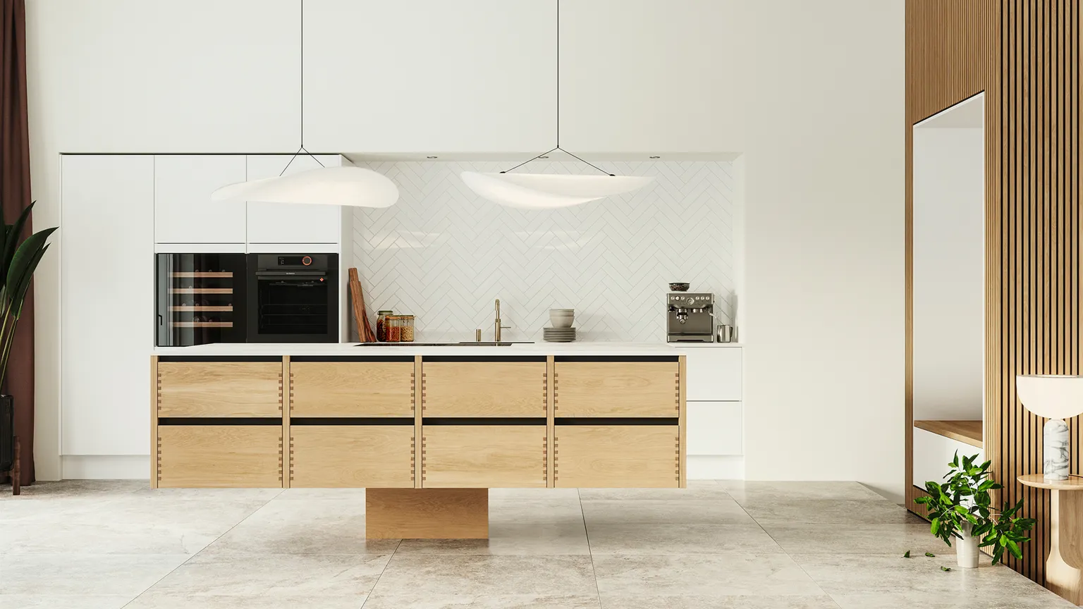 Silk by Designa køkken i hvid kombineret med Nature by Designa fingertappet