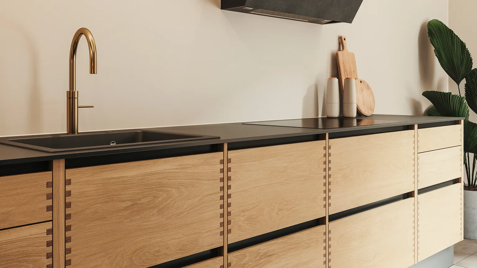 Silk by Designa køkken i sort kombineret med Nature by Designa fingertappet eg