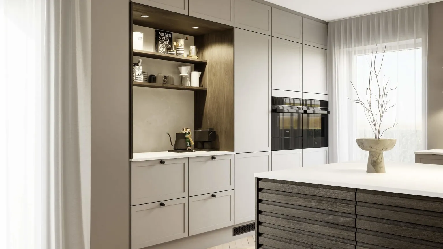 Classic by Designa kjøkken sandramme kombinert med Nature by Designa i rustikk mørk eik lameller