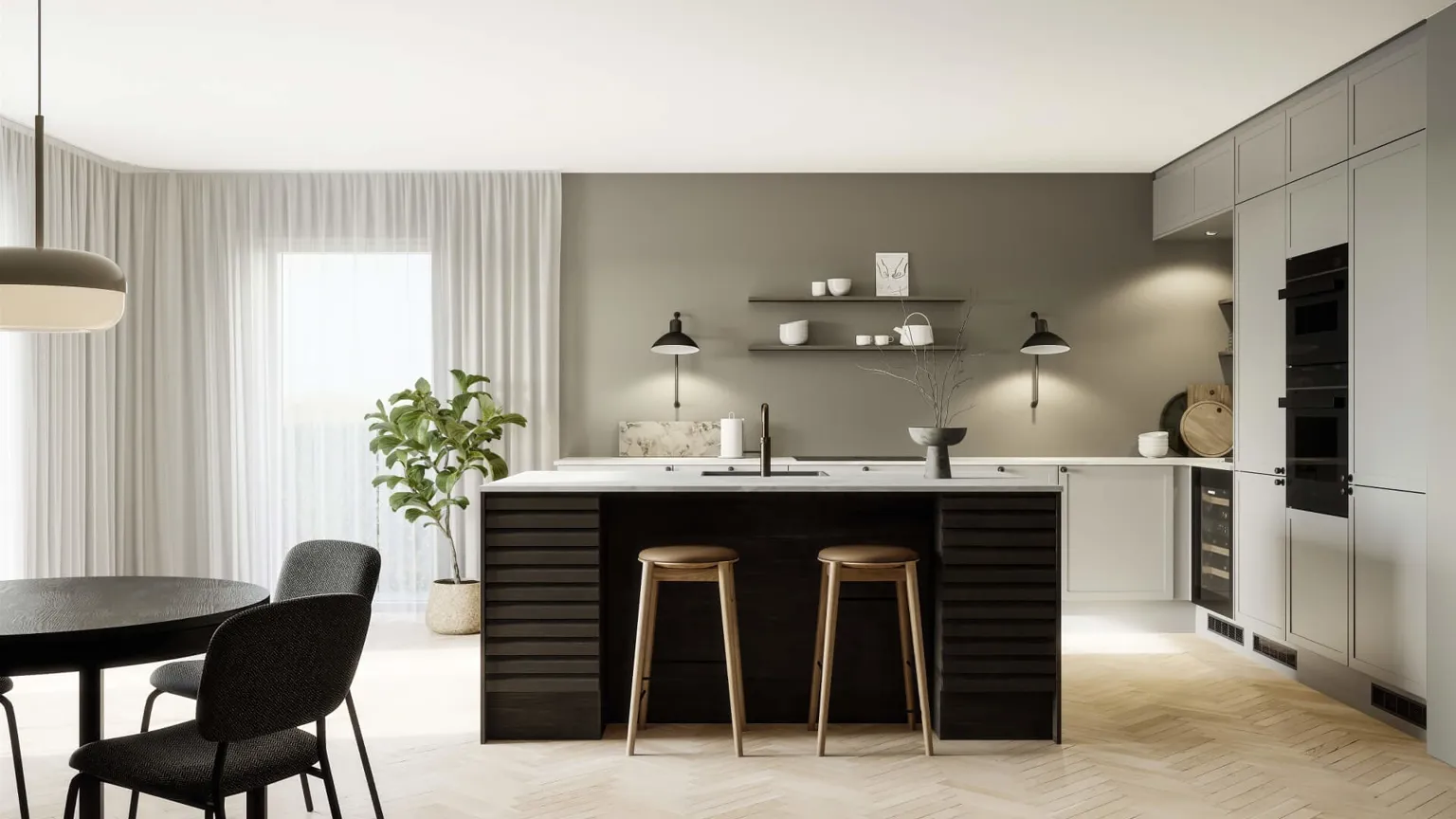 Classic by Designa kjøkken sandramme kombinert med Nature by Designa i rustikk mørk eik lameller