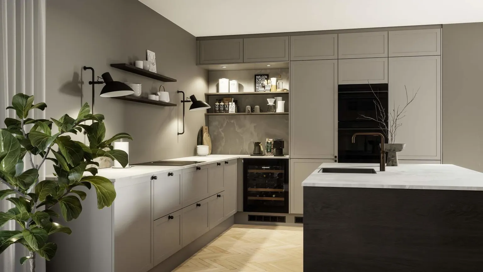 Classic by Designa kjøkken sandramme kombinert med Nature by Designa i rustikk mørk eik lameller